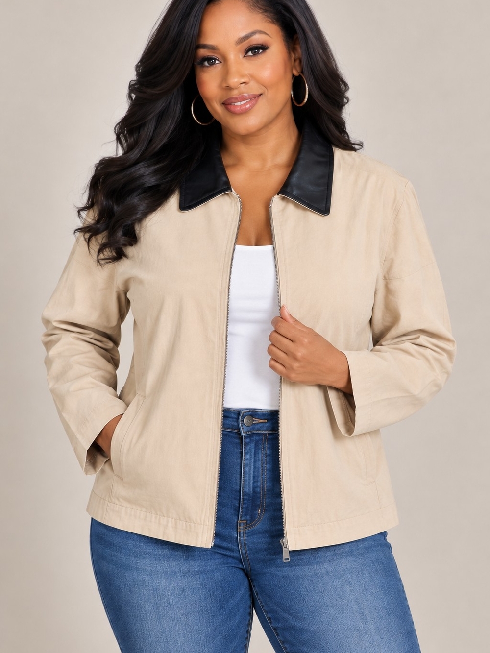 Keomud Women's Classic Beige Jacket with Black Collar - NWT